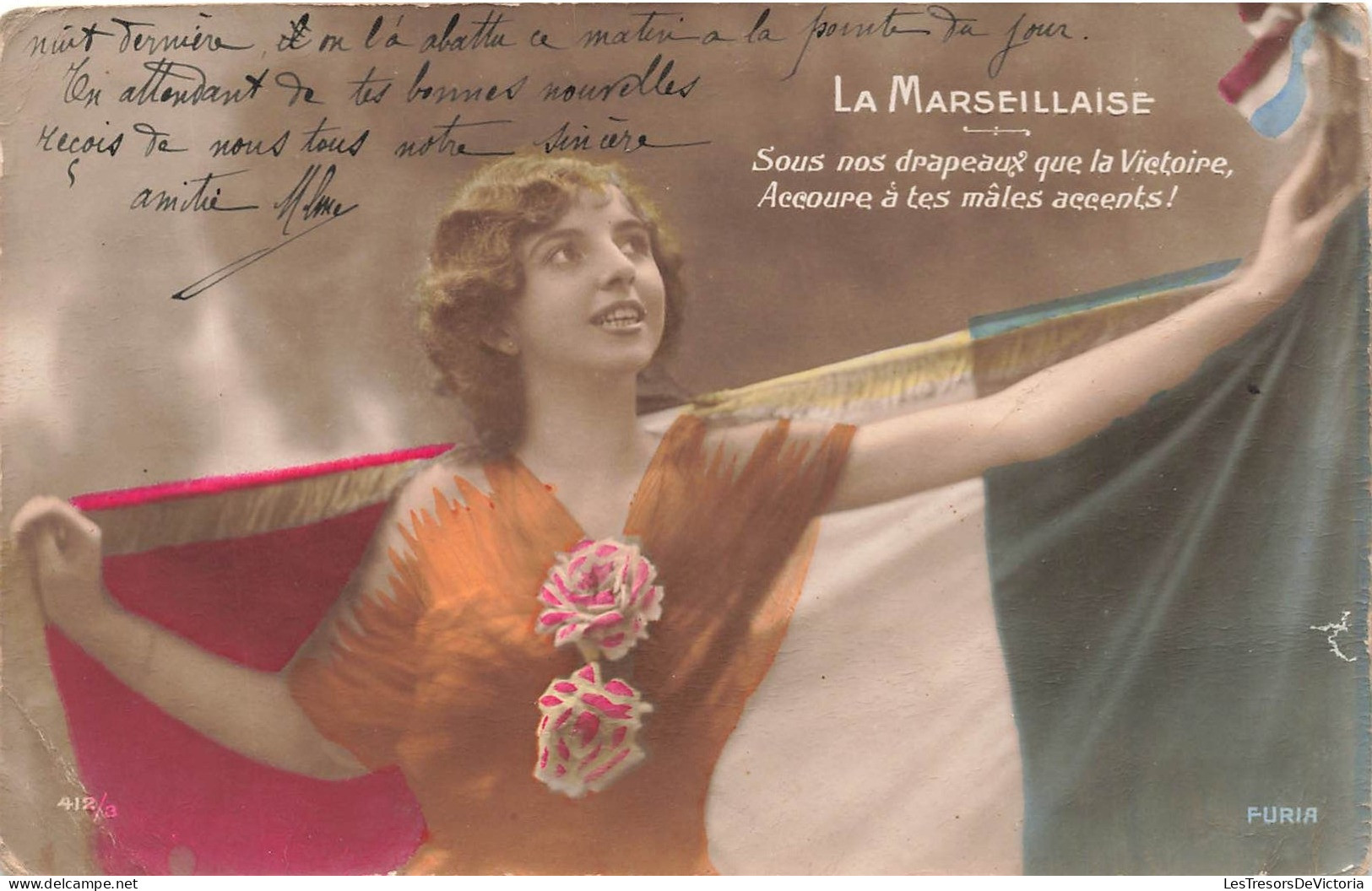 FANTAISIES - Une Femme Tenant Un Drapeau De La France - La Marseillaise - Colorisé - Carte Postale Ancienne - Femmes