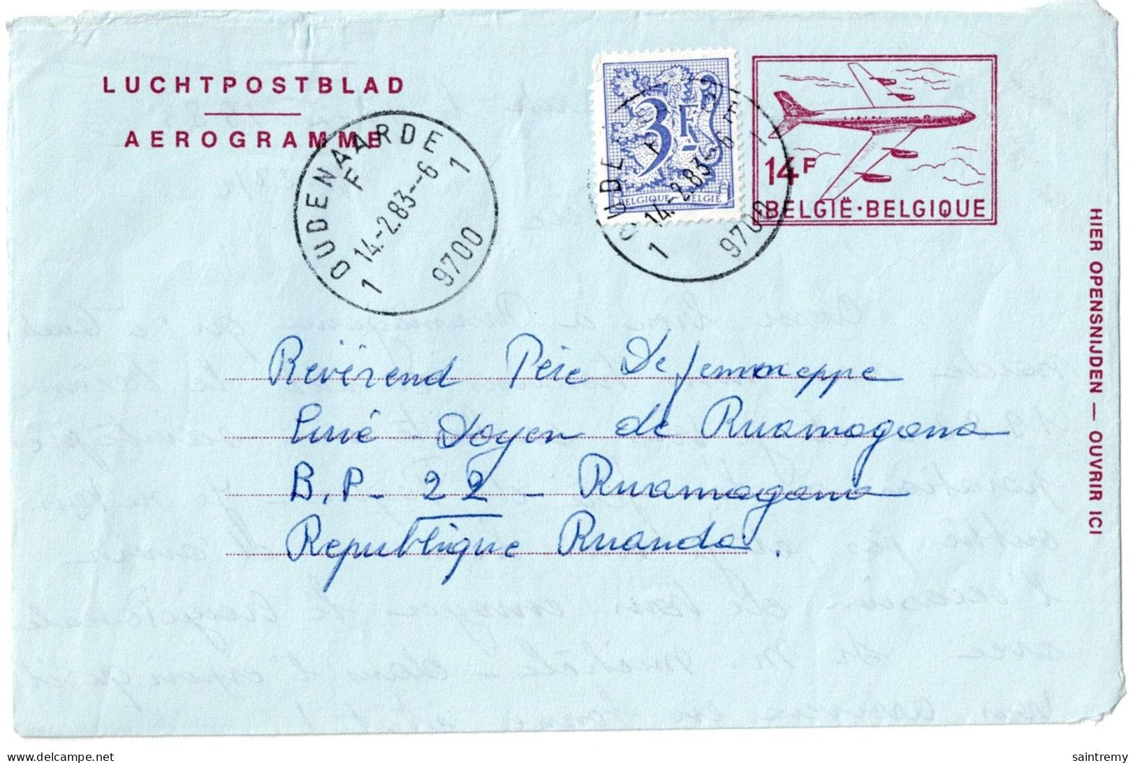Belgique Aérogramme N°18 N/F Obl Oudenaarde 1 Vers Rwanda  J81 - Luchtpostbladen