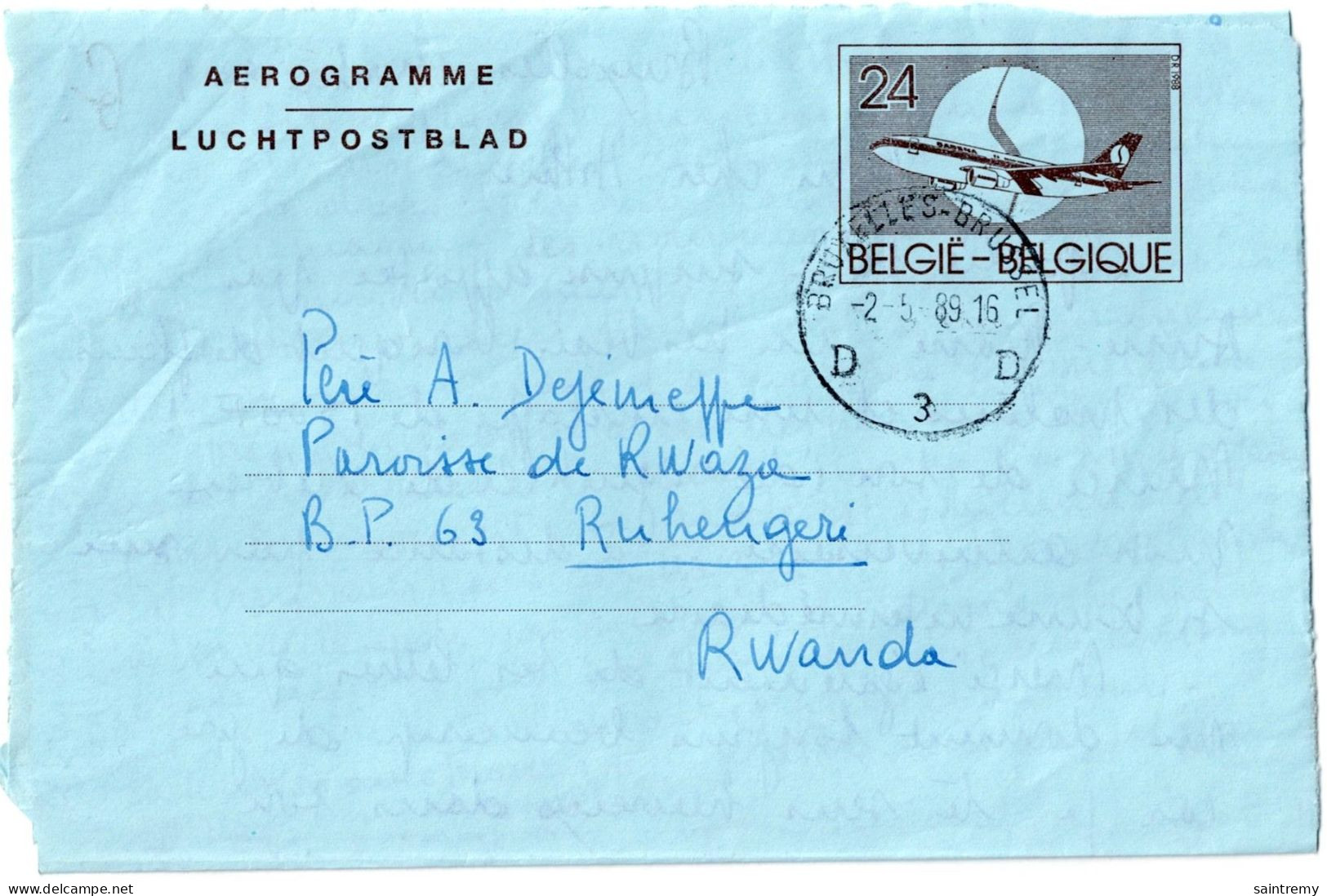 Belgique Aérogramme N°22 F/N Obl Bruxelles 3 Vers Rwanda  J99 - Aerogramme