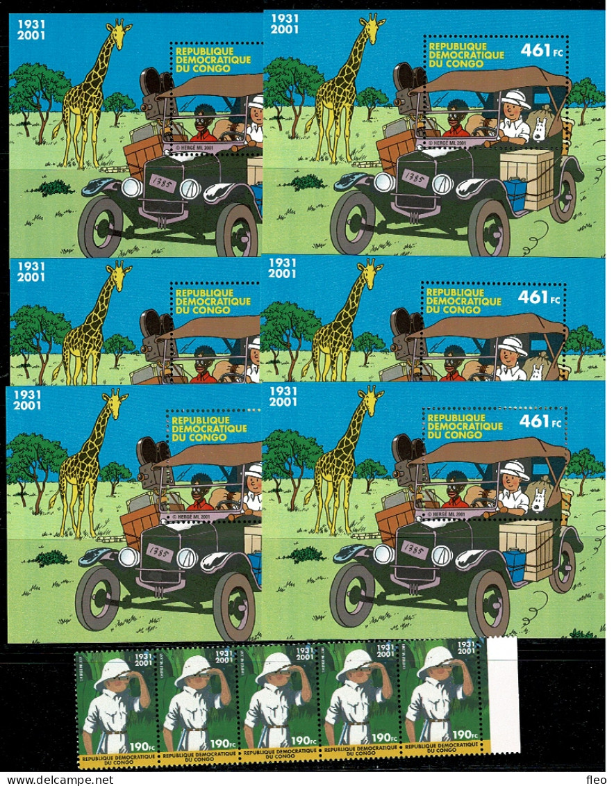 Congo RDC 2001 - Tintin Au Congo - 6 X Bloc 205 MNH & 5 X 1523**  - Emission Commune Avec Belgique - Couverture Album Ti - Mint/hinged