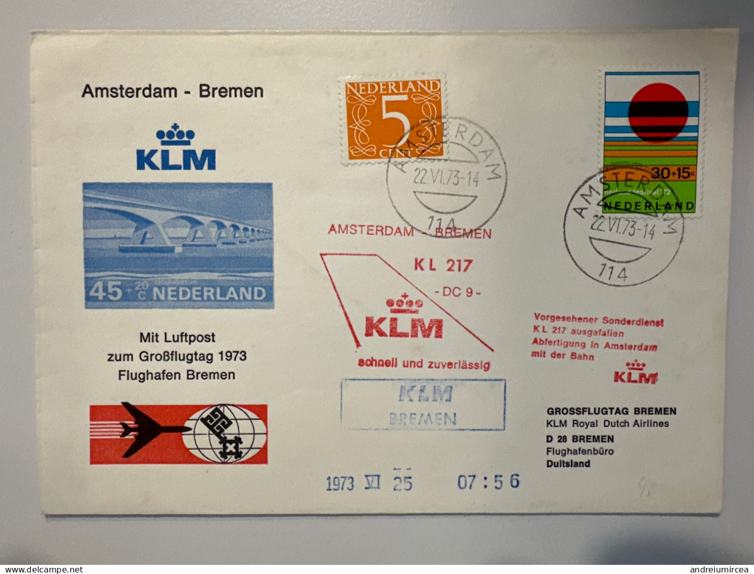 1973 KLM KL 217 DC9 Amsterdam Bremen - Posta Aerea