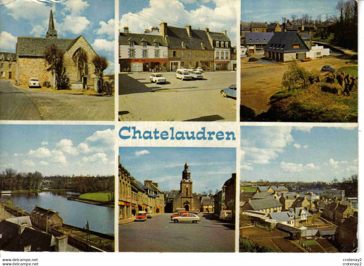 22 CHÂTELAUDREN En 6 Vues Chapelle Place Du Leff Poste Etang En 1987 Fiat 850 Citroën 2CV Ami 6 Renault 4L Camionnette - Châtelaudren