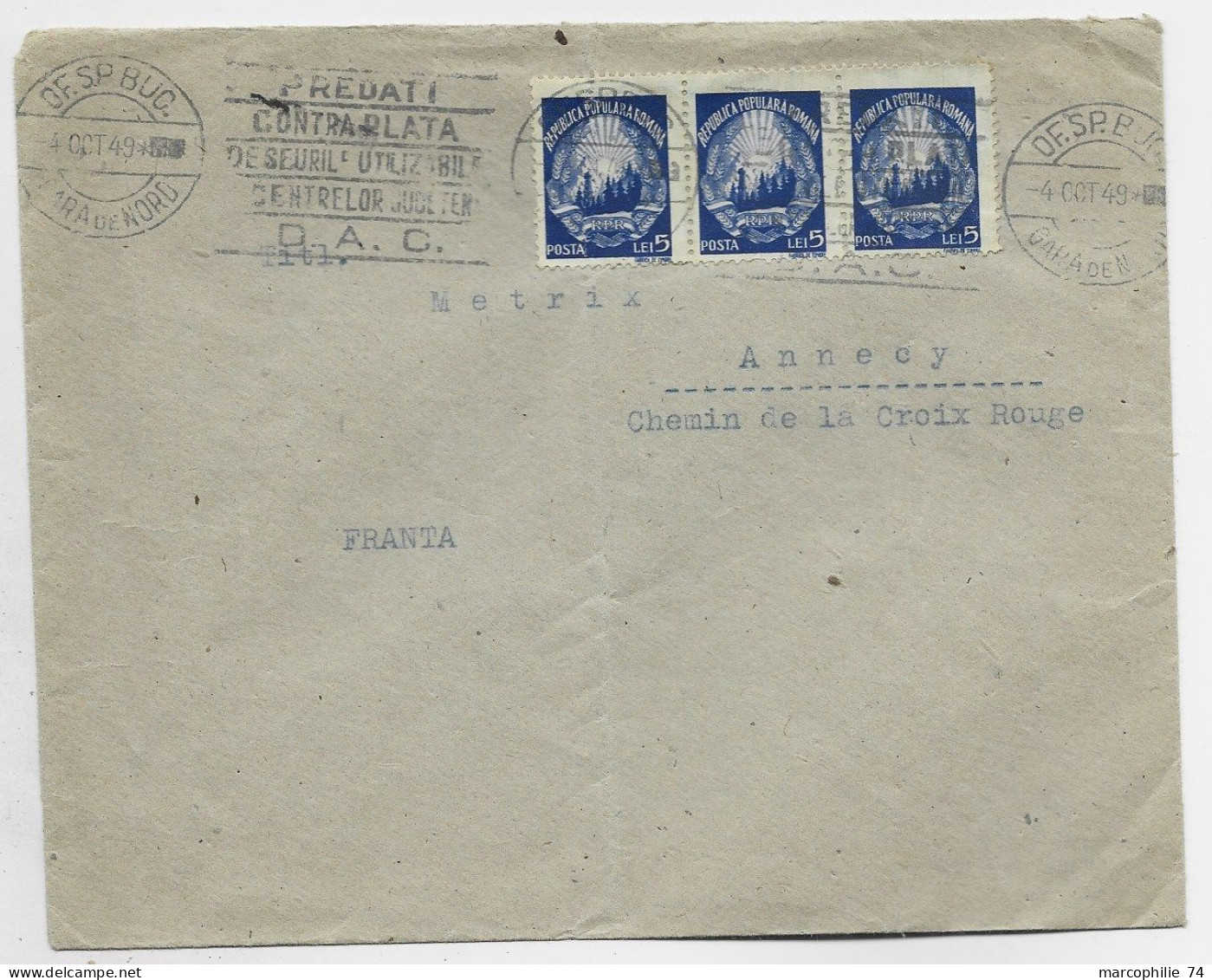 ROMANIA 5 LEI BANDE DE 3  LETTRE COVER   OF SP BUC 4 OCT 1949 O FRANCE - Covers & Documents