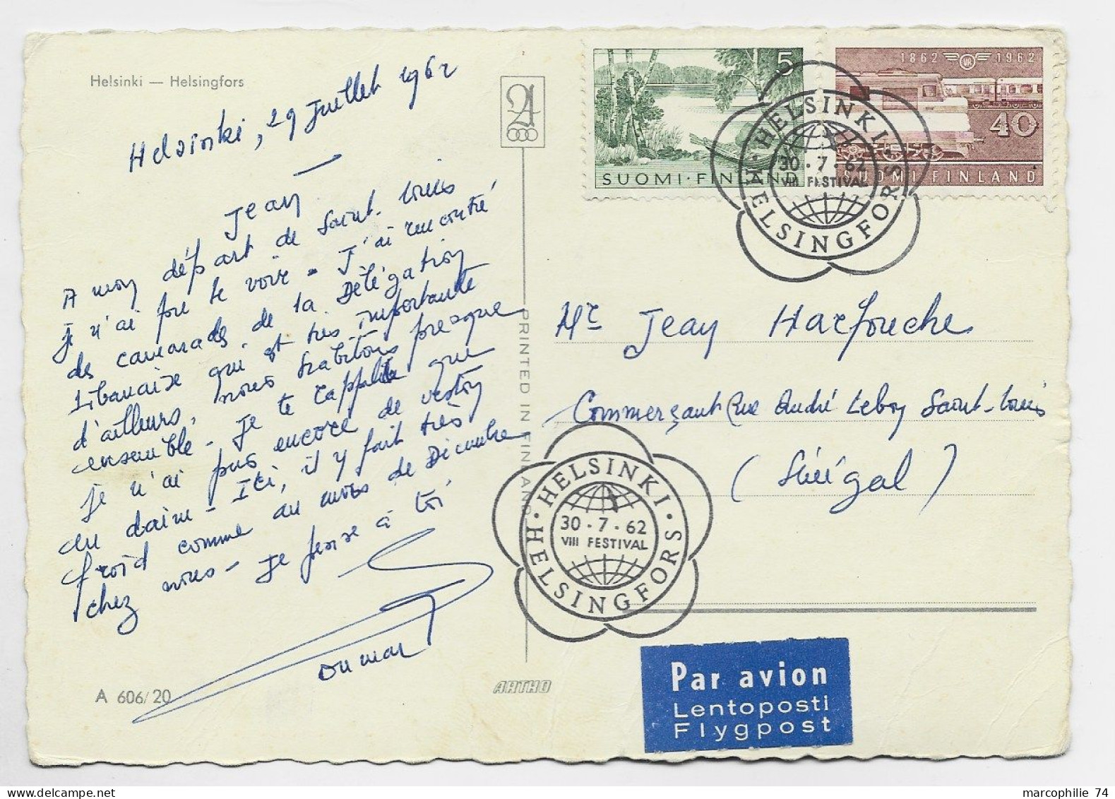 FINLAND SUOMI 5+40C CARTE CARD AVION HELSINSKI 30.7.1962 FESTIVAL TO SENEGAL - Briefe U. Dokumente