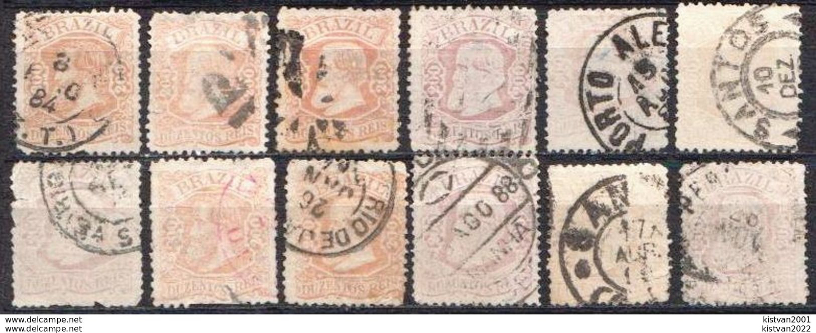 Brazil 12 Used Stamps With Emperor Dom Pedro II 200R Different Colours - Oblitérés