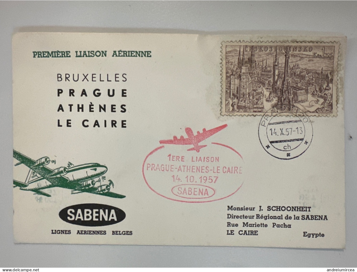 1957 First Flight SABENA Prague Athenes Le Caire - Poste Aérienne