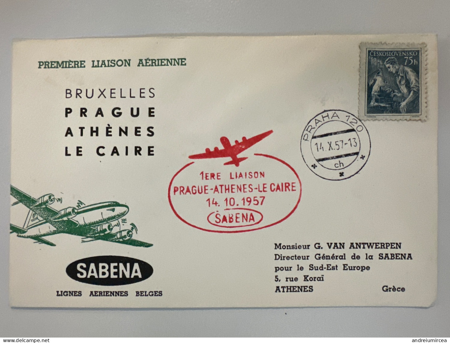 1957 First Flight SABENA Prague Athenes Le Caire - Corréo Aéreo