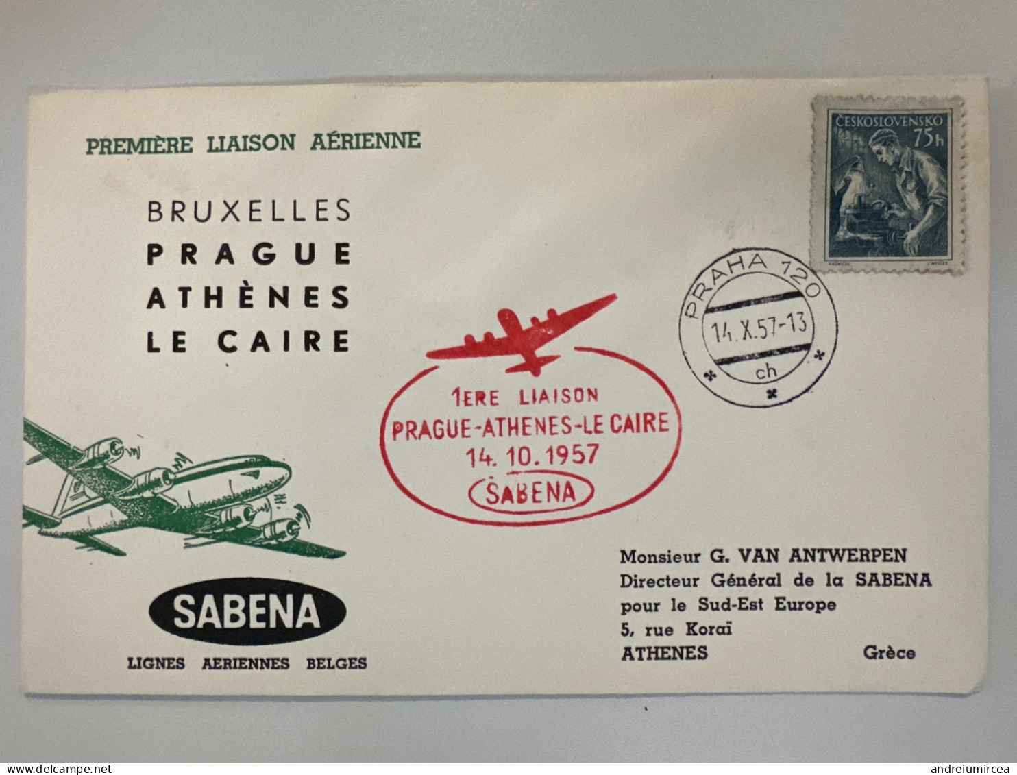 1957 First Flight SABENA Prague Athenes Le Caire - Poste Aérienne