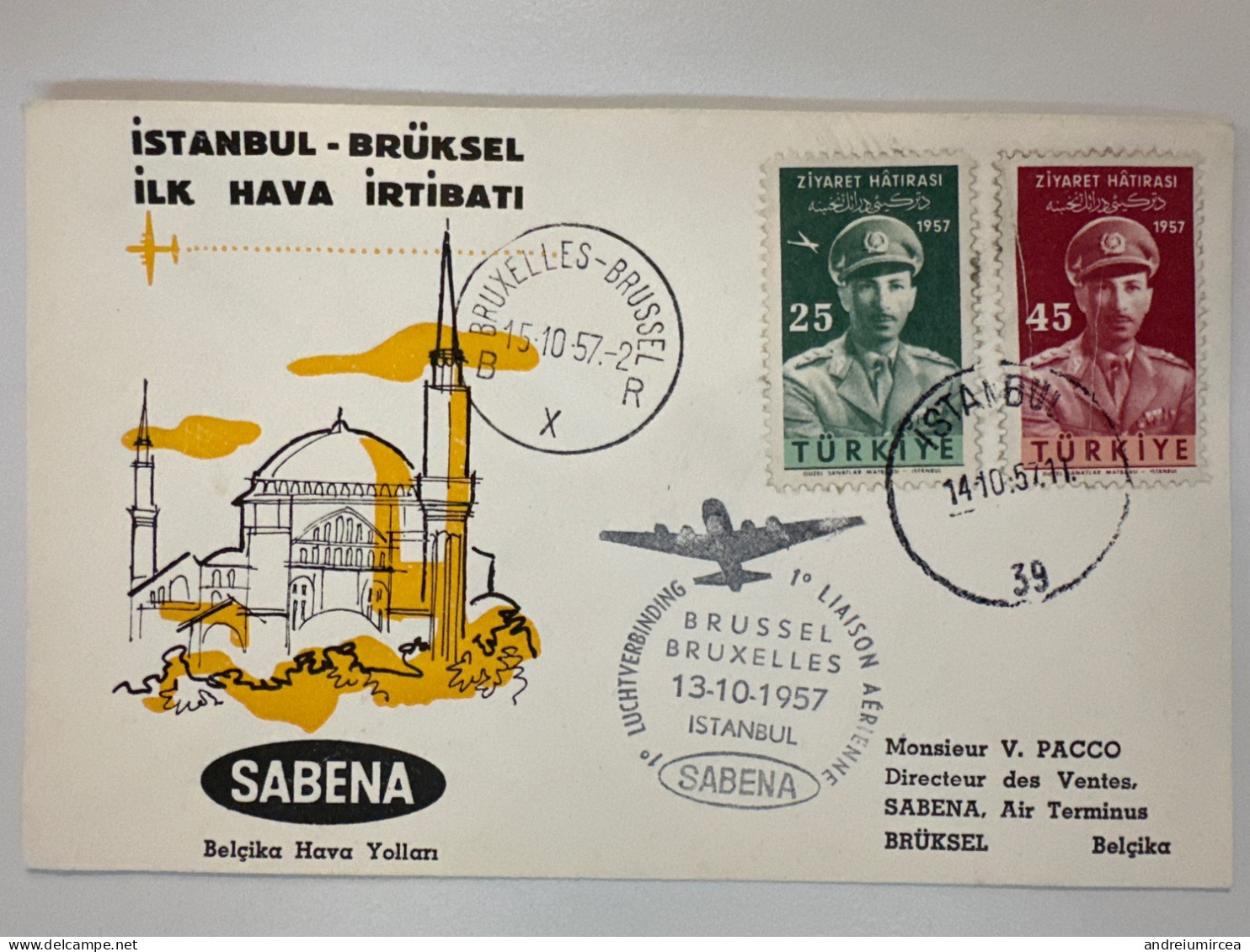 1957 First Flight SABENA Bruxelles Istanbul - Posta Aerea