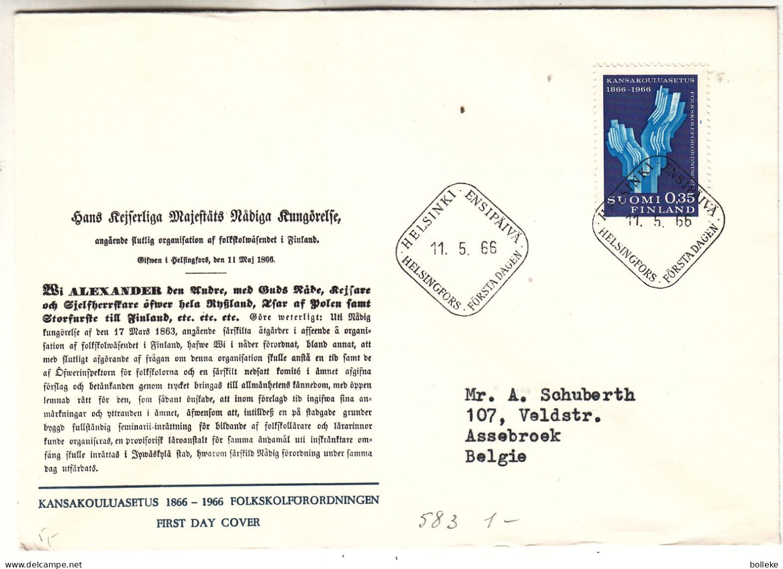 Finlande - Lettre FDC De 1966 - Oblit Helsinki - - Lettres & Documents