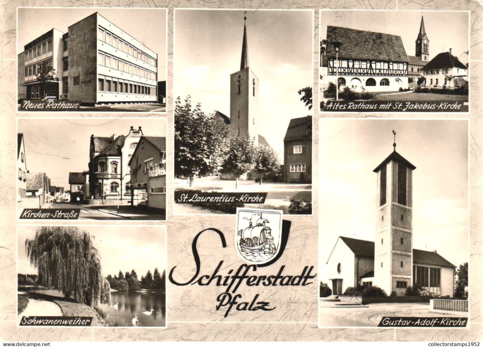 SCHIFFERSTADT, MULTIPLE VIEWS, ARCHITECTURE, LAKE, SWAN, CHURCH, TOWER WITH CLOCK, EMBLEM, GERMANY - Schifferstadt