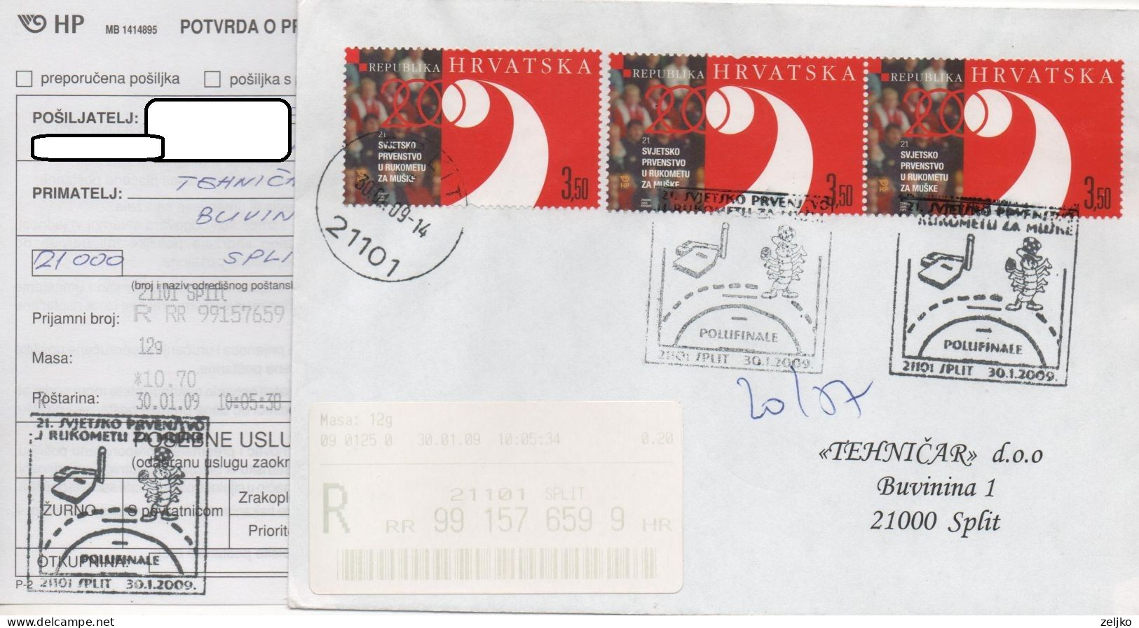 Croatia, Handball, World Championship 2009, Semifinal In Split, Registered With Receipt - Hand-Ball