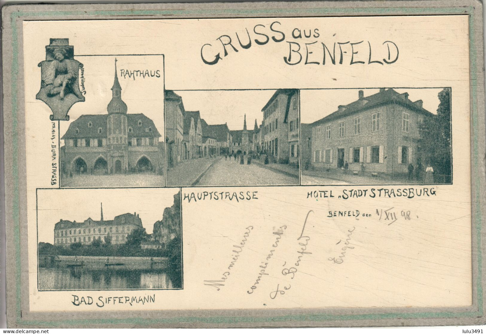 CPA - BENFELD (67) - Carte GRUSS Multivues De 1898 - Hôtel Ville De Strasbourg - Benfeld