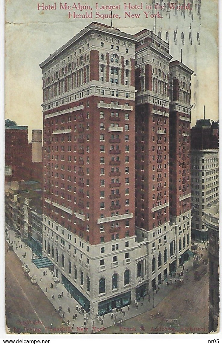 NEW YORK - Hotel Mc Alpin  ( Etats Unis - Amerique ) CP Pour France 1913 Timbre + Cachet Postal NEW YORK NY Sta G 1913 ) - Cafés, Hôtels & Restaurants