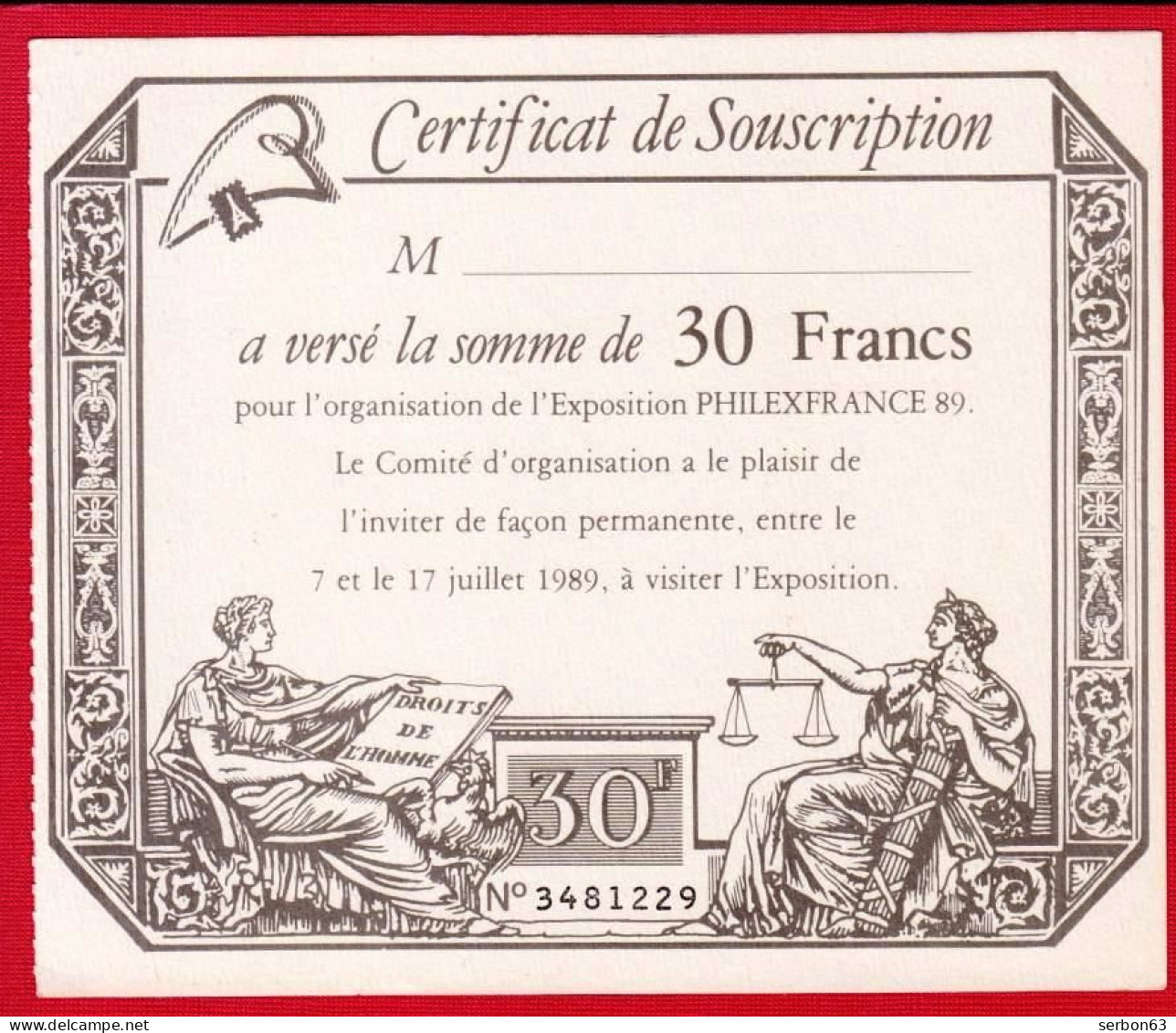 1 SPÉCIMEN VRAIE FAUSSE MONNAIE ASSIGNAT CERTIFICAT DE SOUSCRIPTION 30 FRANCS PHILEXFRANCE 1989 DOCUMENT FICTIF 12X10cm - Specimen