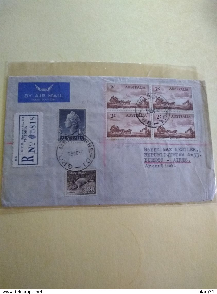 Beautiful Unique Cover.registered.1955.victoria Gpo.melbourne.bloc 4*yv221.yv117 &yv218.e7 Reg Post Conmems 1 Or 2 Piece - Cartas & Documentos