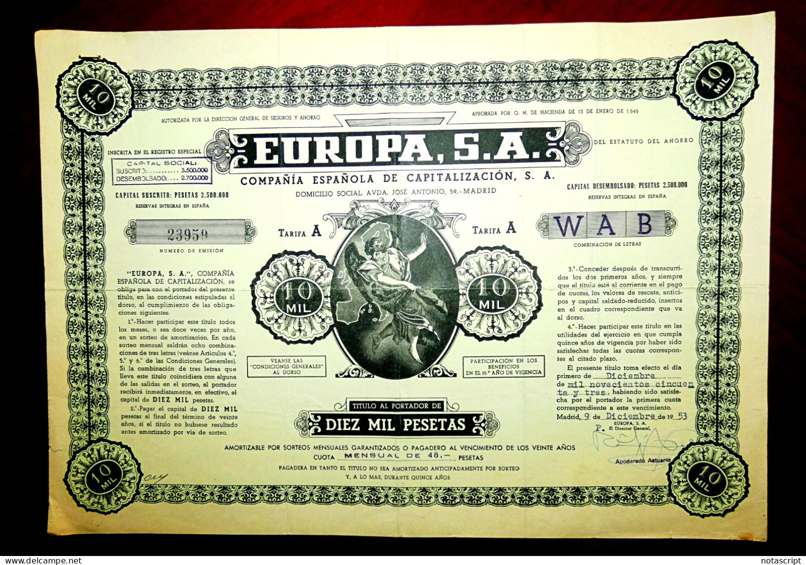 Europa SA,Compañía Española De Capitalización, Bono De Capitalización Al Portador 1953 - Banque & Assurance