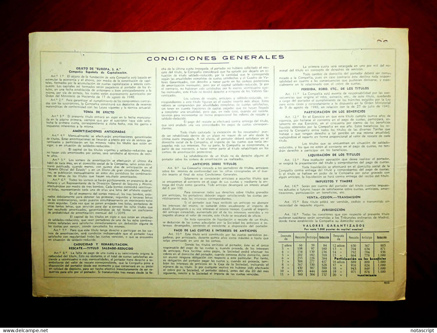 Europa SA,Compañía Española De Capitalización, Bono De Capitalización Al Portador 1953 - Banque & Assurance