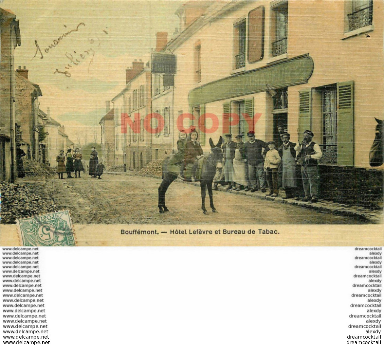 95 BOUFFEMONT. Hôtel Lefèvre Et Bureau De Tabac Superbe Carte Toilée Colorisée Vers 1907 - Bouffémont