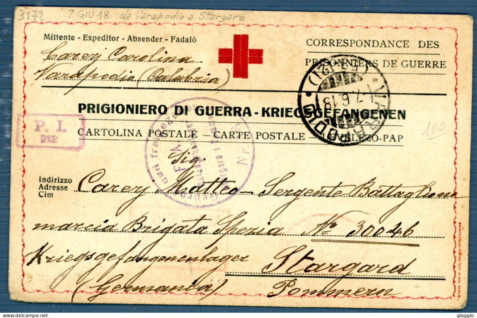 °°° Cartolina - N. 3172 Cartolina Postale Prigionieri Di Guerra Da Varapodio A Stargard °°° - Gevangenis