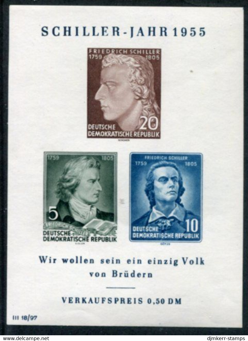 DDR / E.GERMANY 1955 Schiller Death Anniversary Block MNH / **.  Michel Block 12 - Nuovi