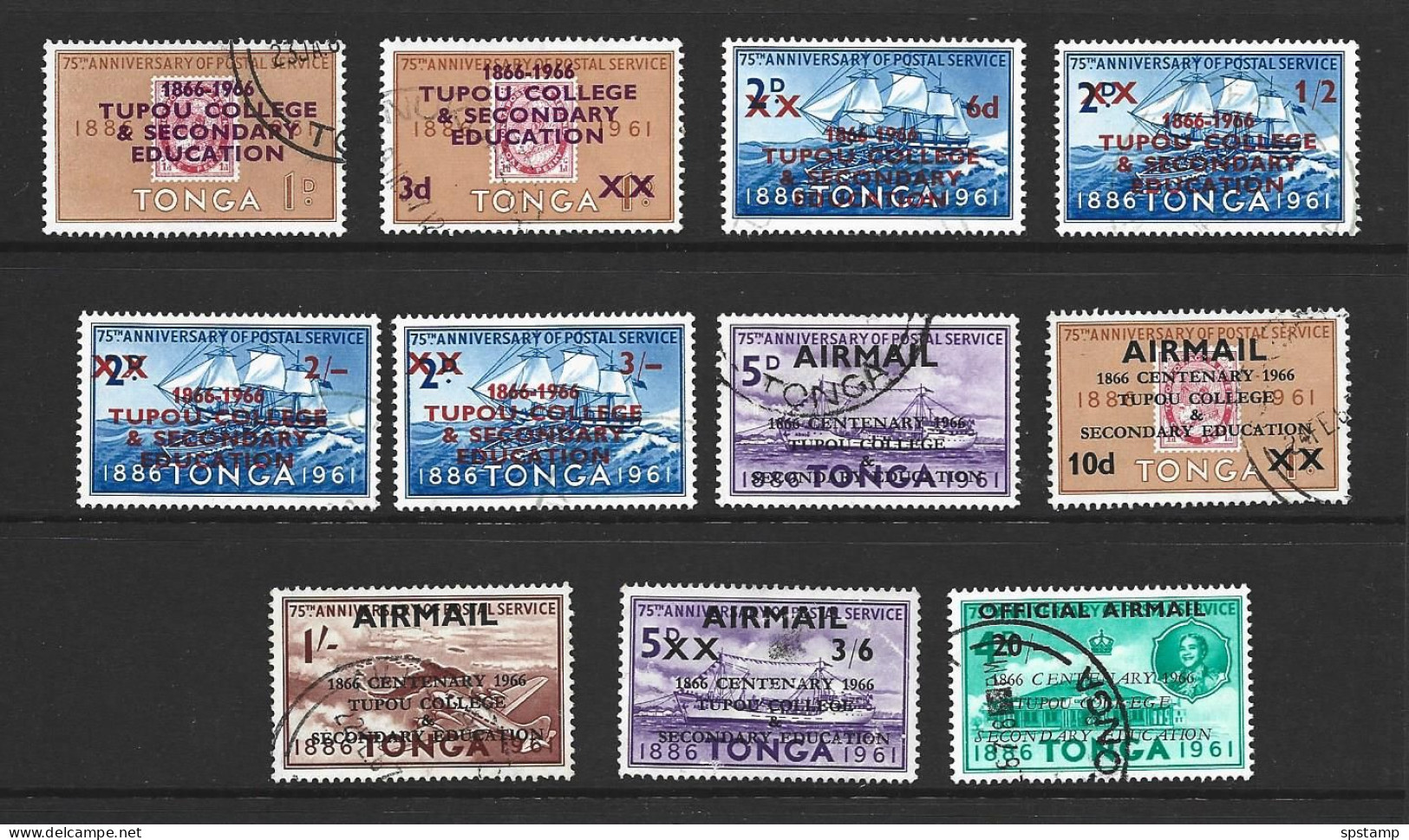 Tonga 1966 Tupou College Overprint / Surcharge Part Set Of 11 To 20/- Official , One With Light Surface Rub FU - Tonga (...-1970)