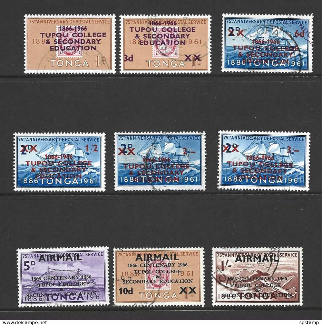 Tonga 1966 Tupou College Overprint / Surcharge Part Set Of 9 To 1/- Airmail FU - Tonga (...-1970)