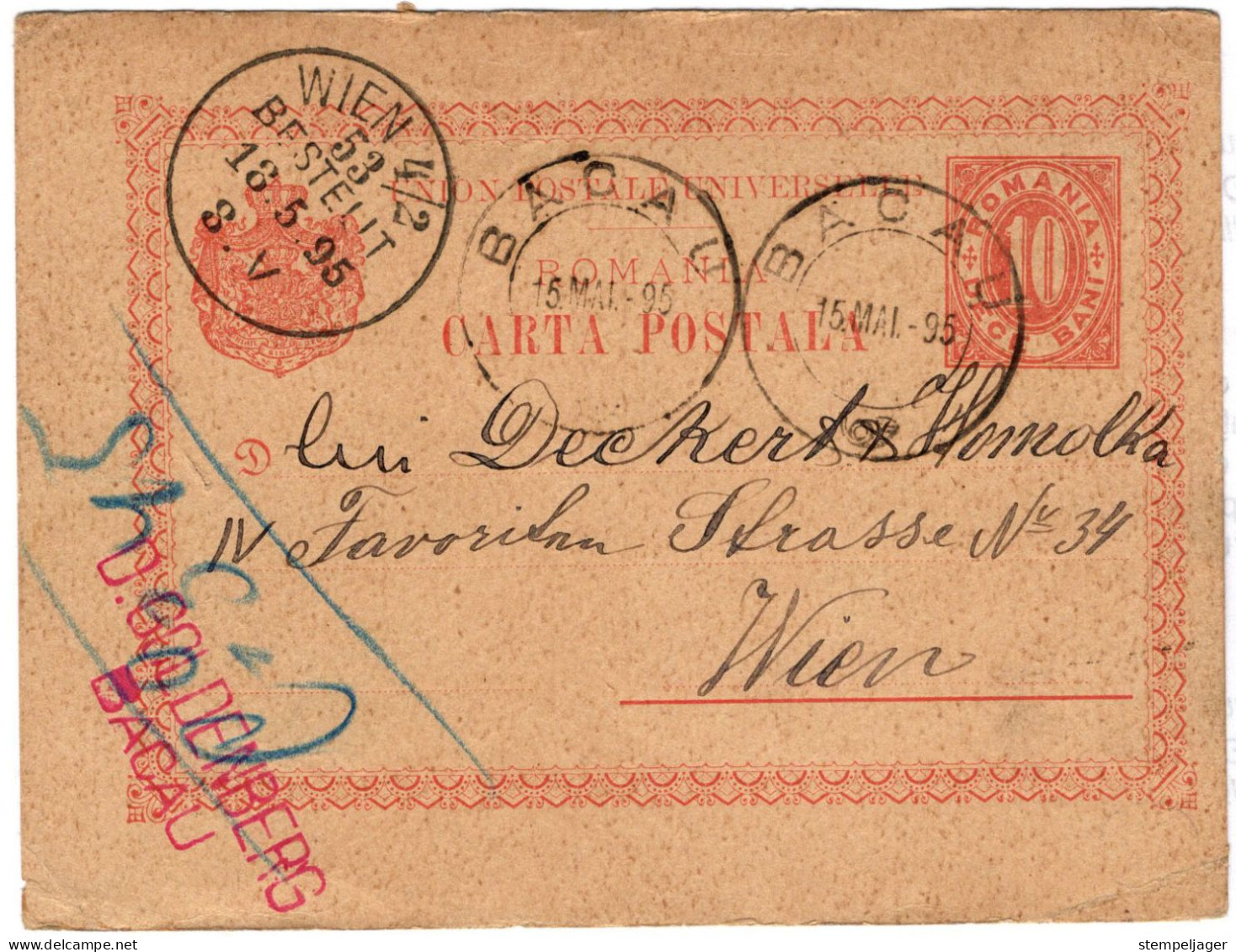 1895 Wien BESTELLT  53 4/2 (= Wieden III) Auf Karte Rumänien Bacau Abs = D. Goldberg - Lettres & Documents