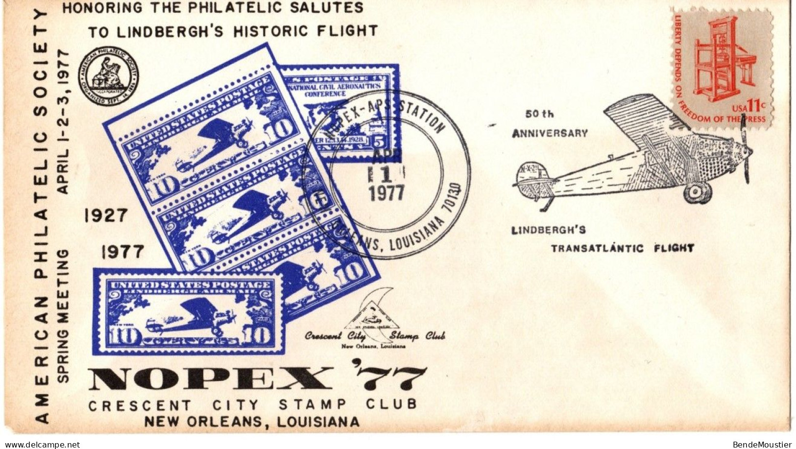 (N92) USA SCOTT # 1593 - 50ème  Lindbergh's Transatlantic Flight - Nopex ' 77 - New Orléans, Louisiana 1977 - Covers & Documents