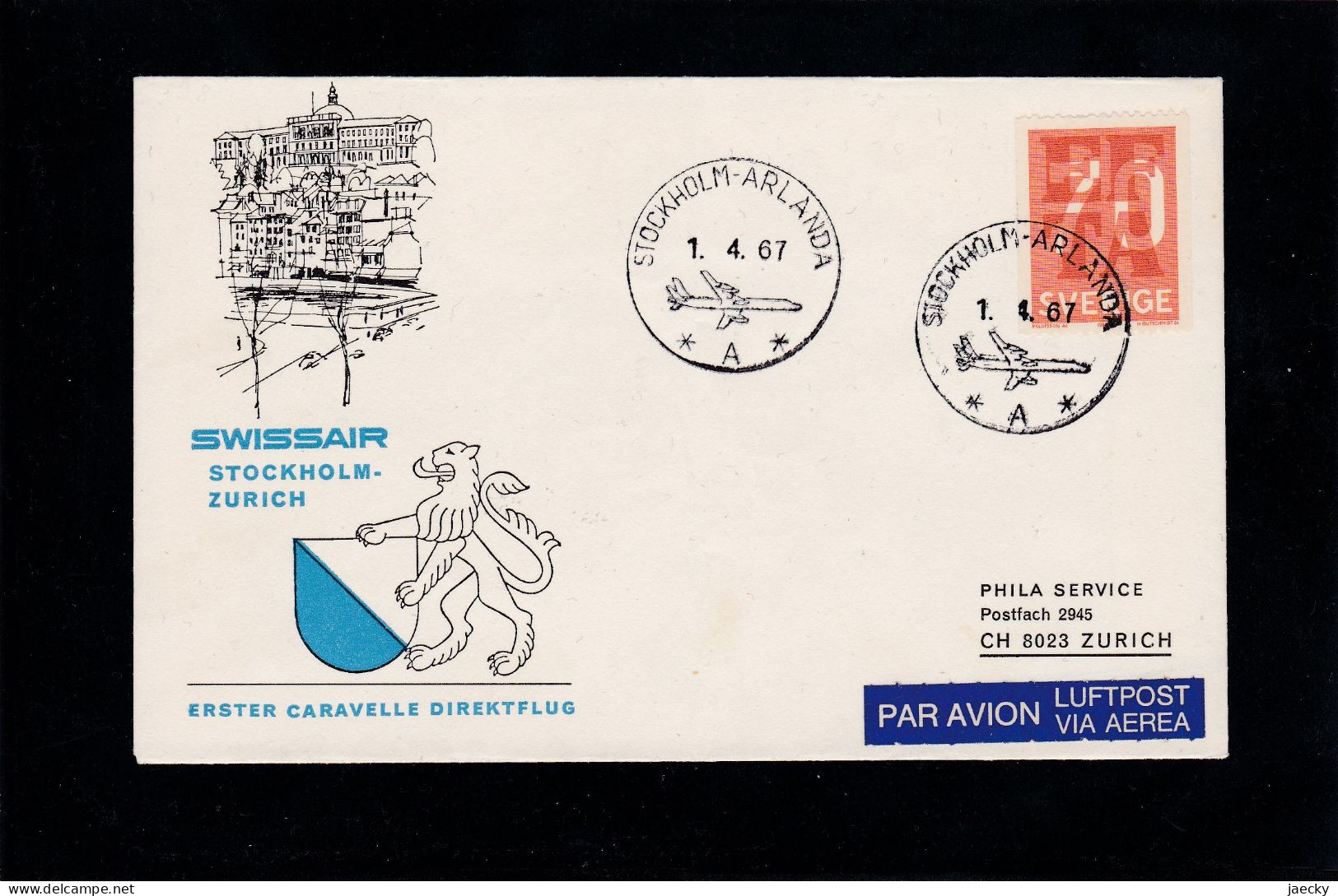 SWISSAIR-Erstflug Stockholm - Zürich, 1.4.67 - Storia Postale