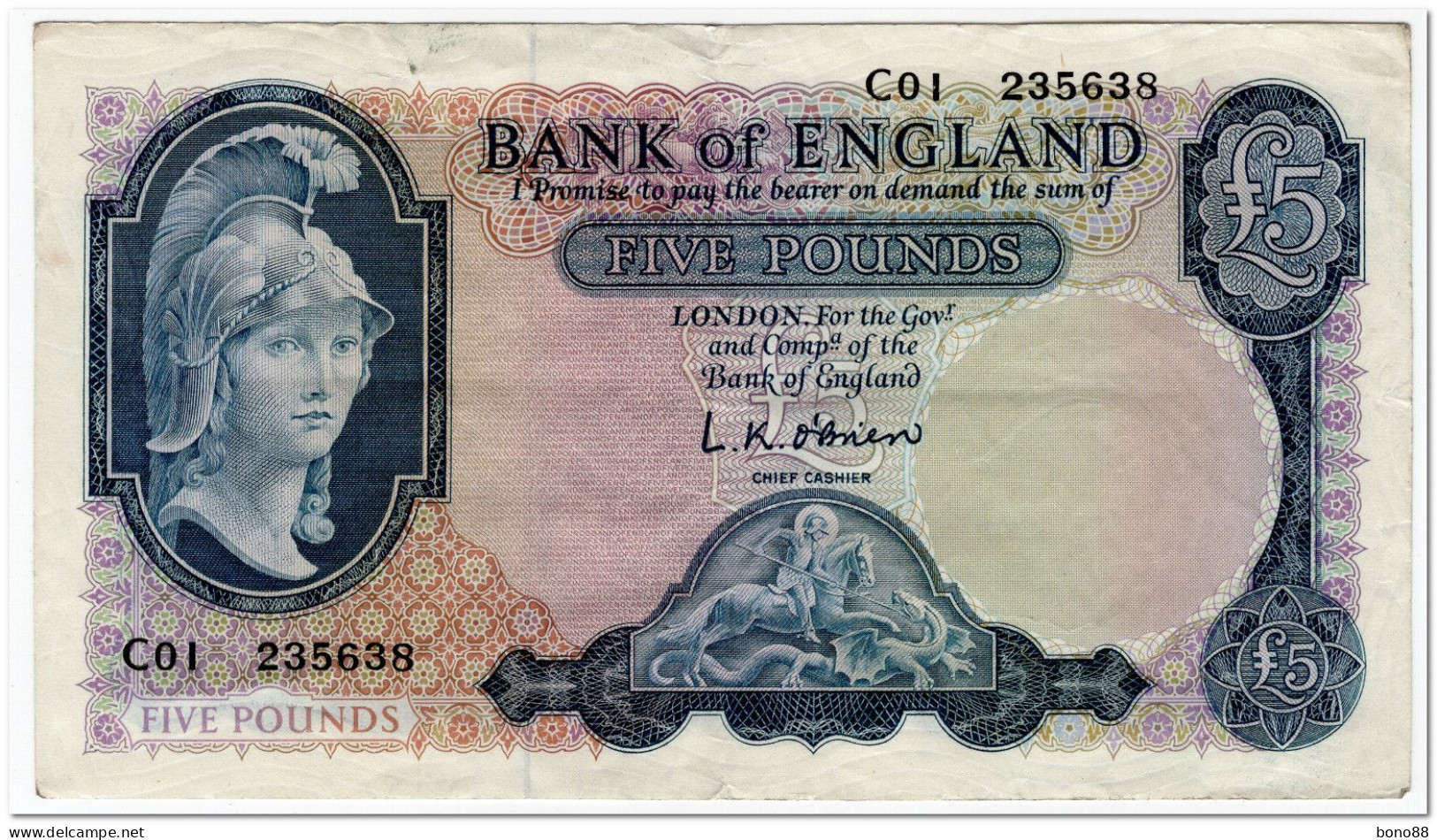 GREAT BRITAIN,BANK OF ENGLAND,5 POUNDS,1957-61,P.371,VF - 5 Pond