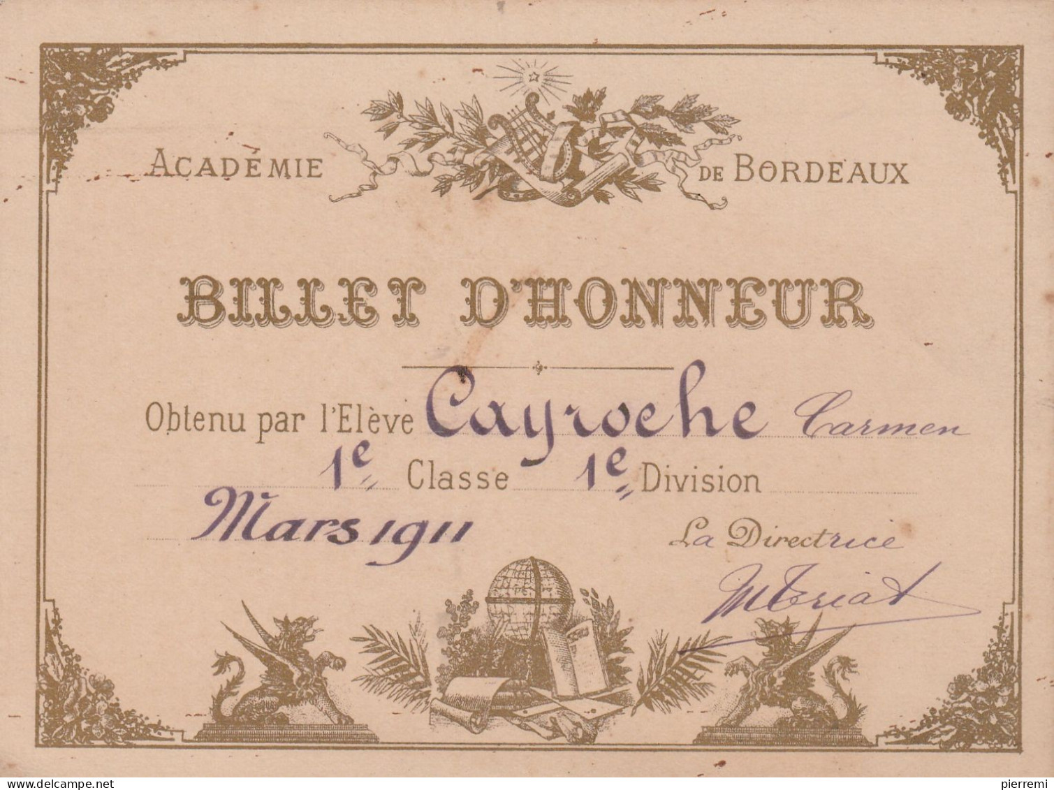 BILLET D HONNEUR   ACADEMIE DE BORDEAUX   1911 - Diplômes & Bulletins Scolaires