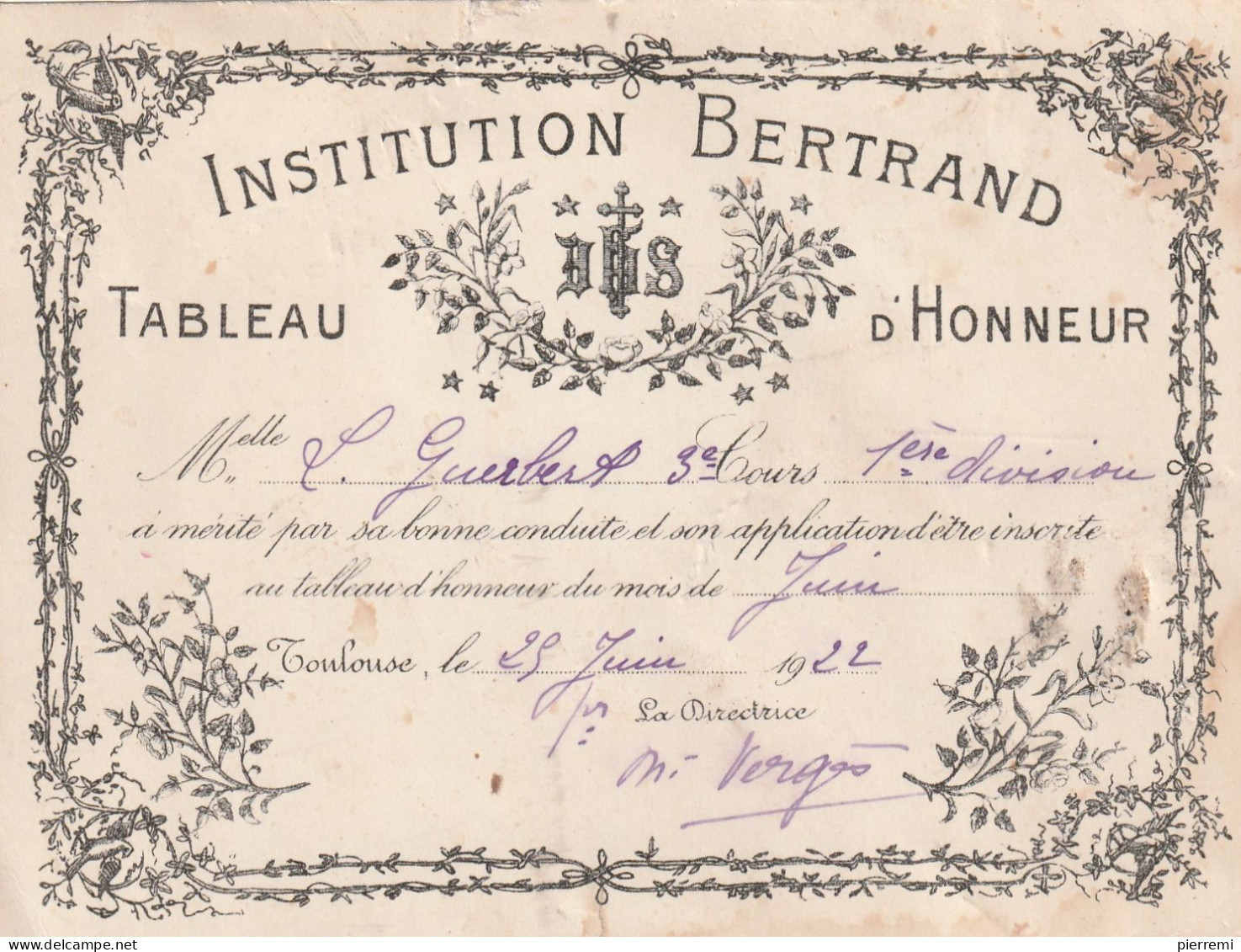 TABLEAU  D HONNEUR   INSTITUTION BERTRAND   TOULOUSE  1922 - Diplômes & Bulletins Scolaires