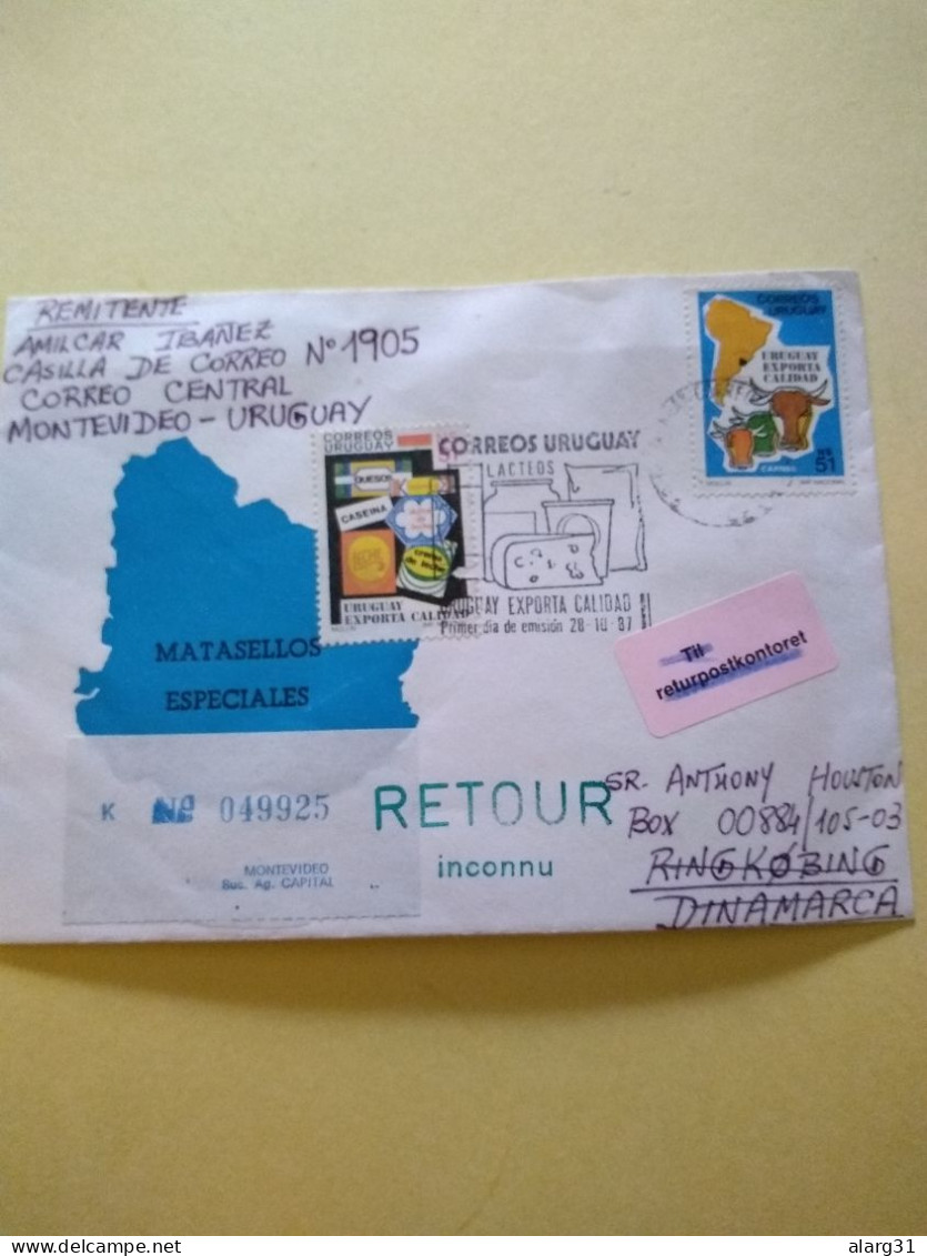 Uruguay To Denmark.reg.cover.return.pmks Ringkobing.copenhague.& Labels .1987.milk& Derivates.stamp.pict Pmk.meat Stamp. - Storia Postale