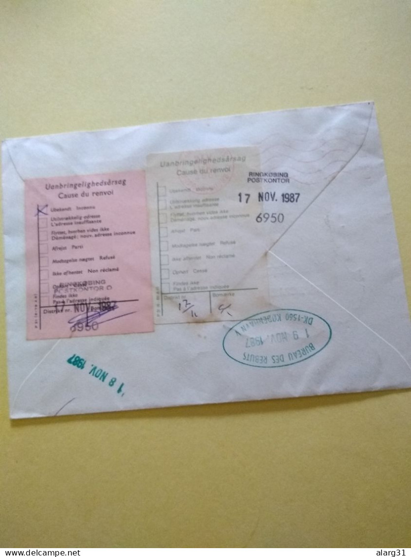 Uruguay To Denmark.reg.cover.return.pmks Ringkobing.copenhague.& Labels .1987.milk& Derivates.stamp.pict Pmk.meat Stamp. - Covers & Documents