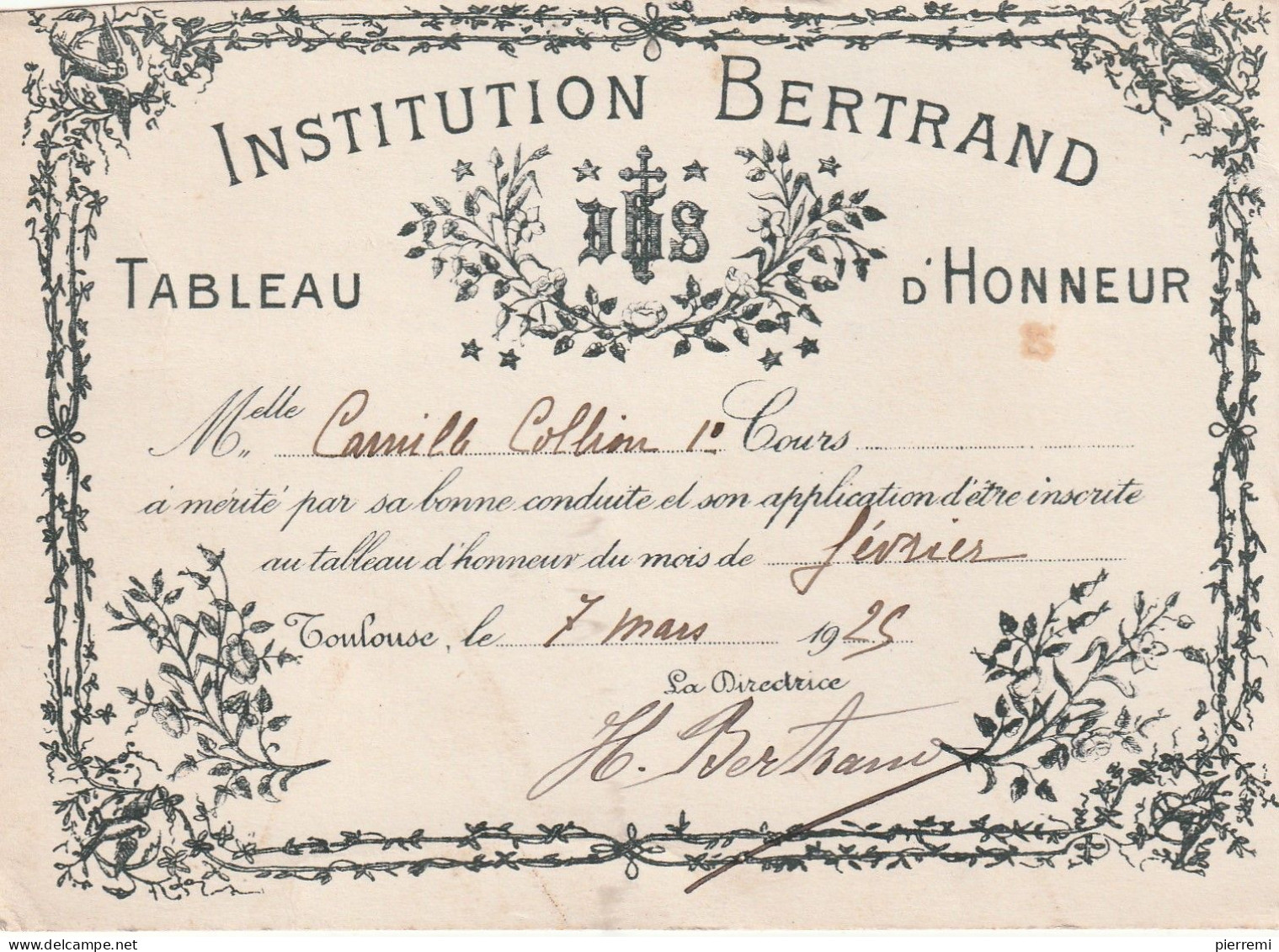 INSTITUTION BERTRAND   TABLEAU D HONNEUR  1925  TOULOUSE - Diplômes & Bulletins Scolaires