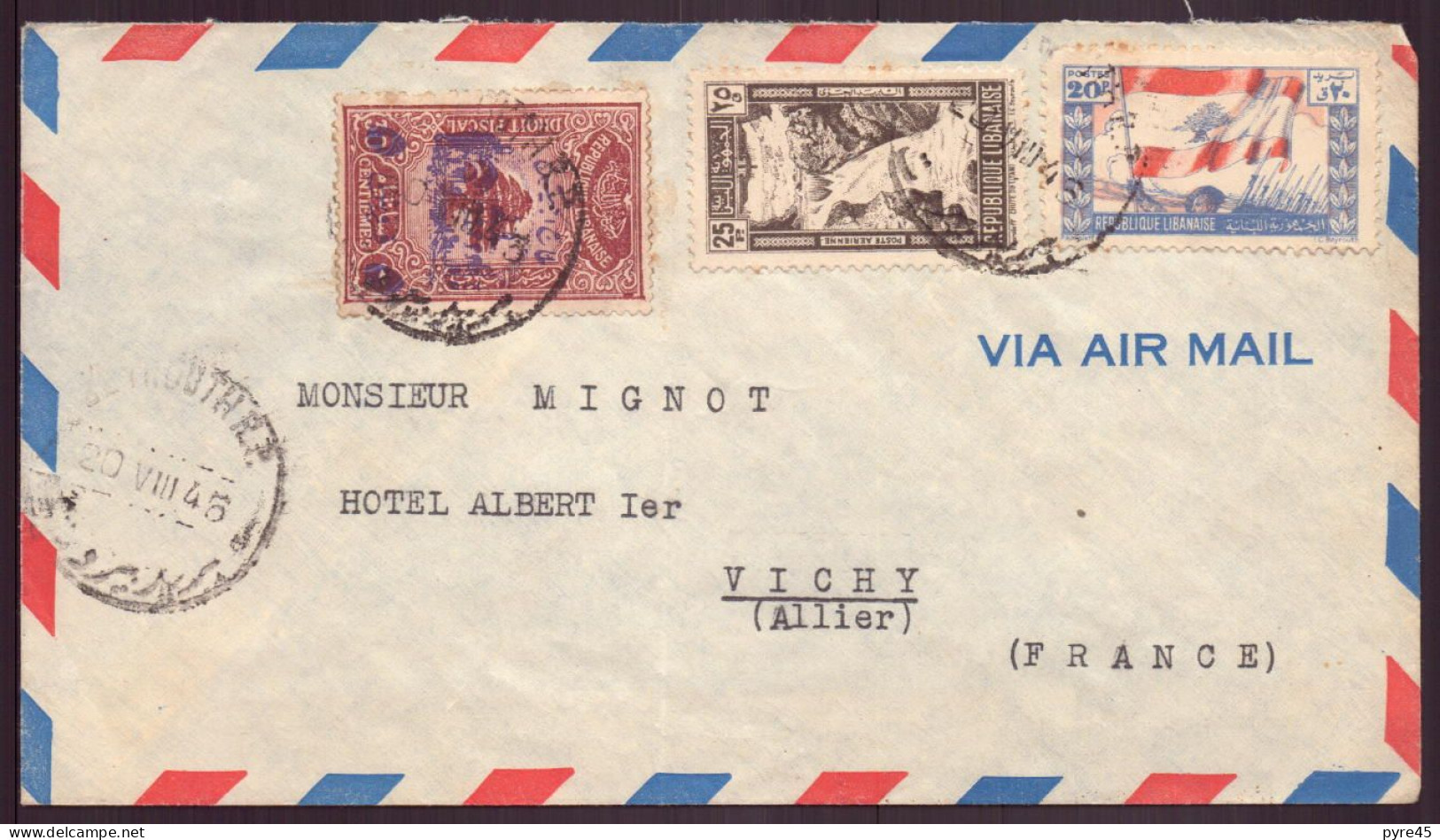 Liban, Enveloppe Du 20 Août 1945 De Beyrouth Pour Vichy ( Côte 153€ ) - Liban