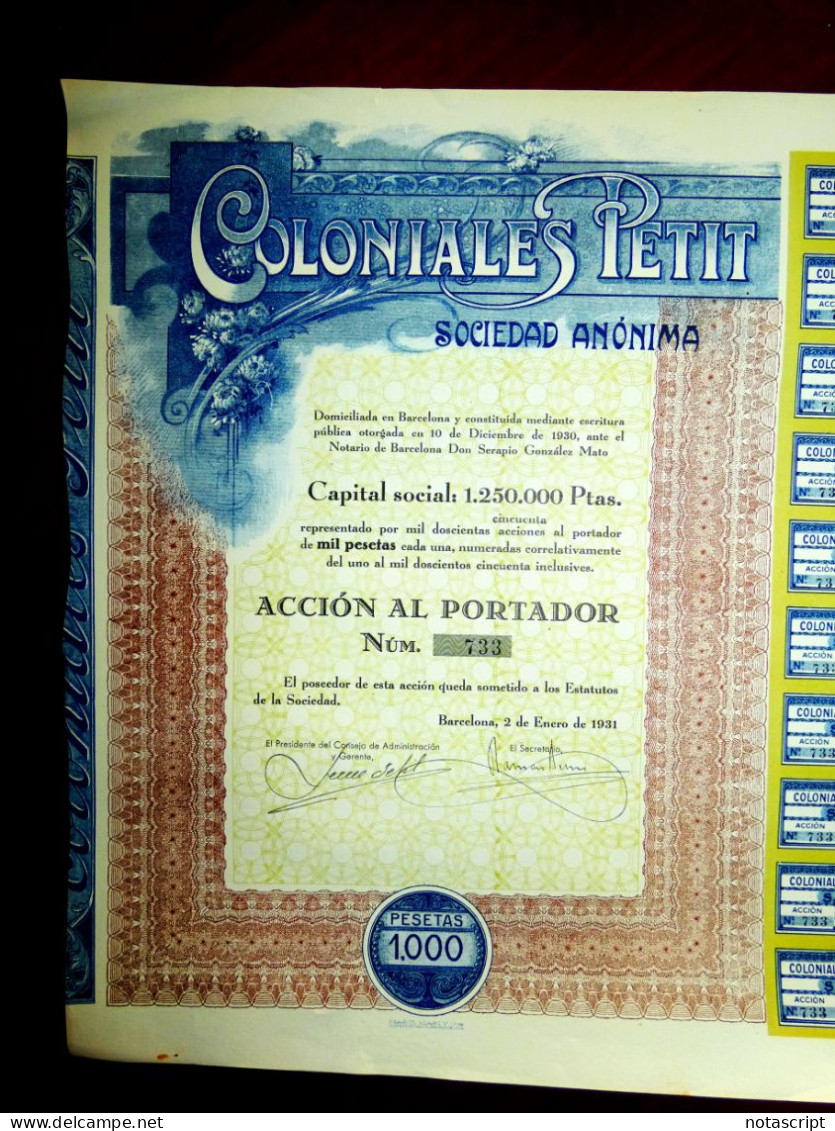 Coloniales Petit SA Barcelona 1931 Acción - Agricultura