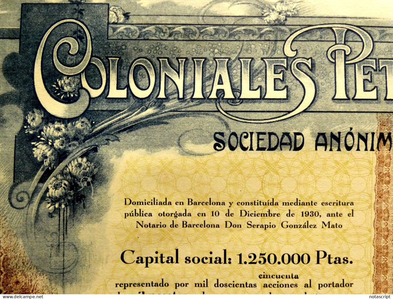 Coloniales Petit SA Barcelona 1931 Acción - Landwirtschaft