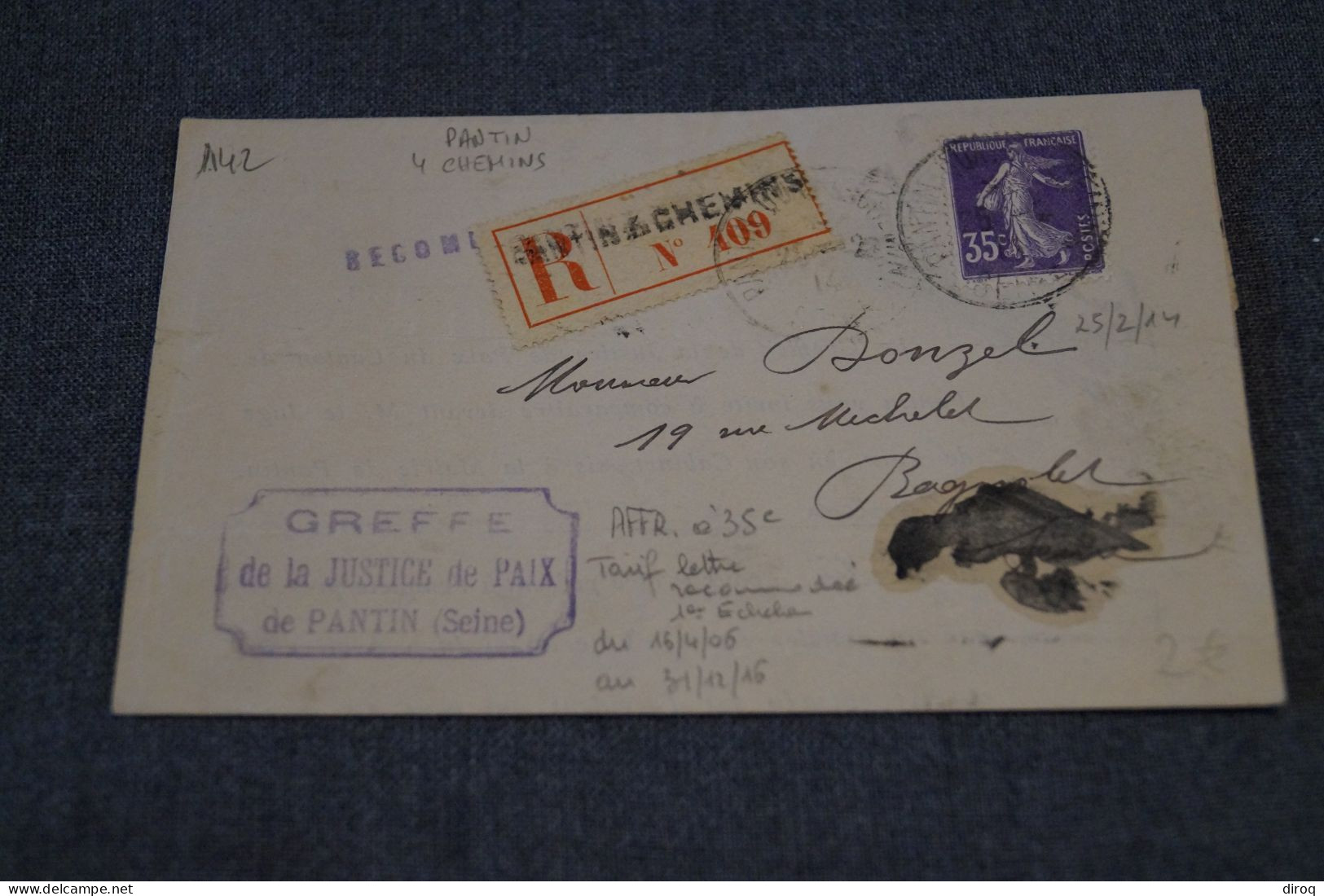 Superbe Envoi Recommandé N° 109 ,Pantin 4 Chemins De 1914 - Storia Postale
