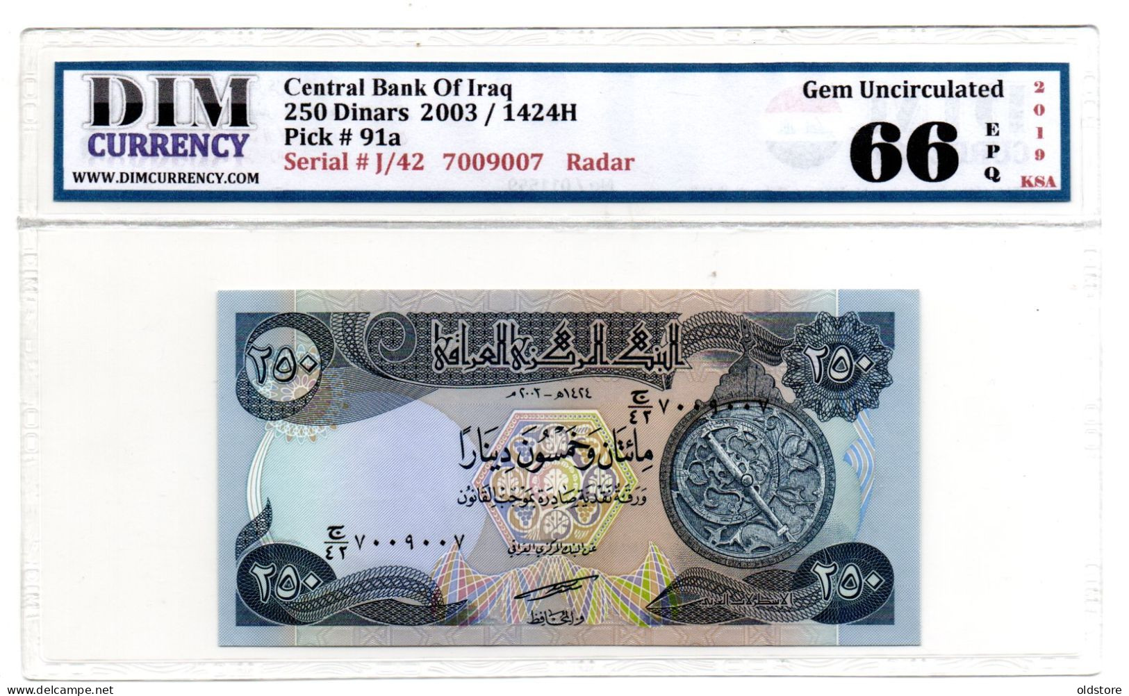 Iraq Banknotes -  250 Dinars  - Fancy Radar Number 7009007 - ND 2003 -  Gem UNC 66 EPQ - Irak