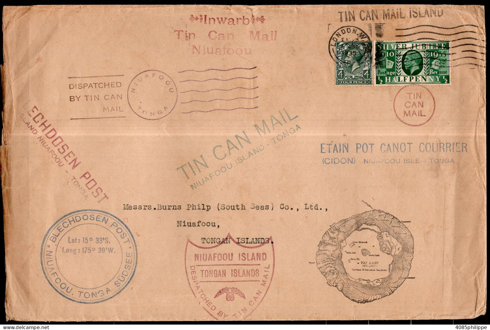 TONGA - TIN CAN MAIL 1935 Grande Enveloppe 250 Mm X 165 Mm TB - Tonga (...-1970)