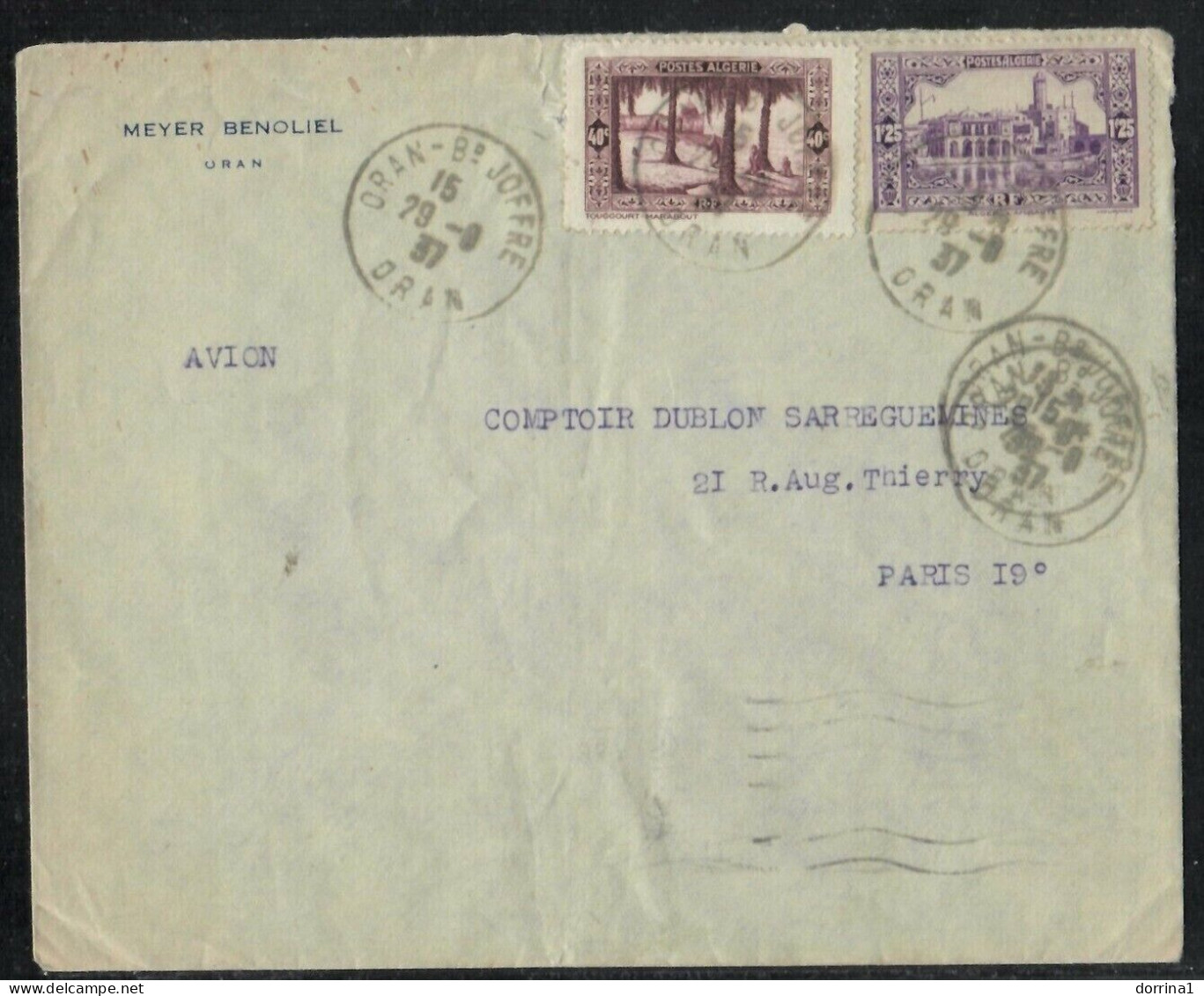 Jewish Judaica Cover Oran Algeria 1937 To Paris - MEYER BENOLIEL - Juif - מאיר בן אוליאל - Jewish