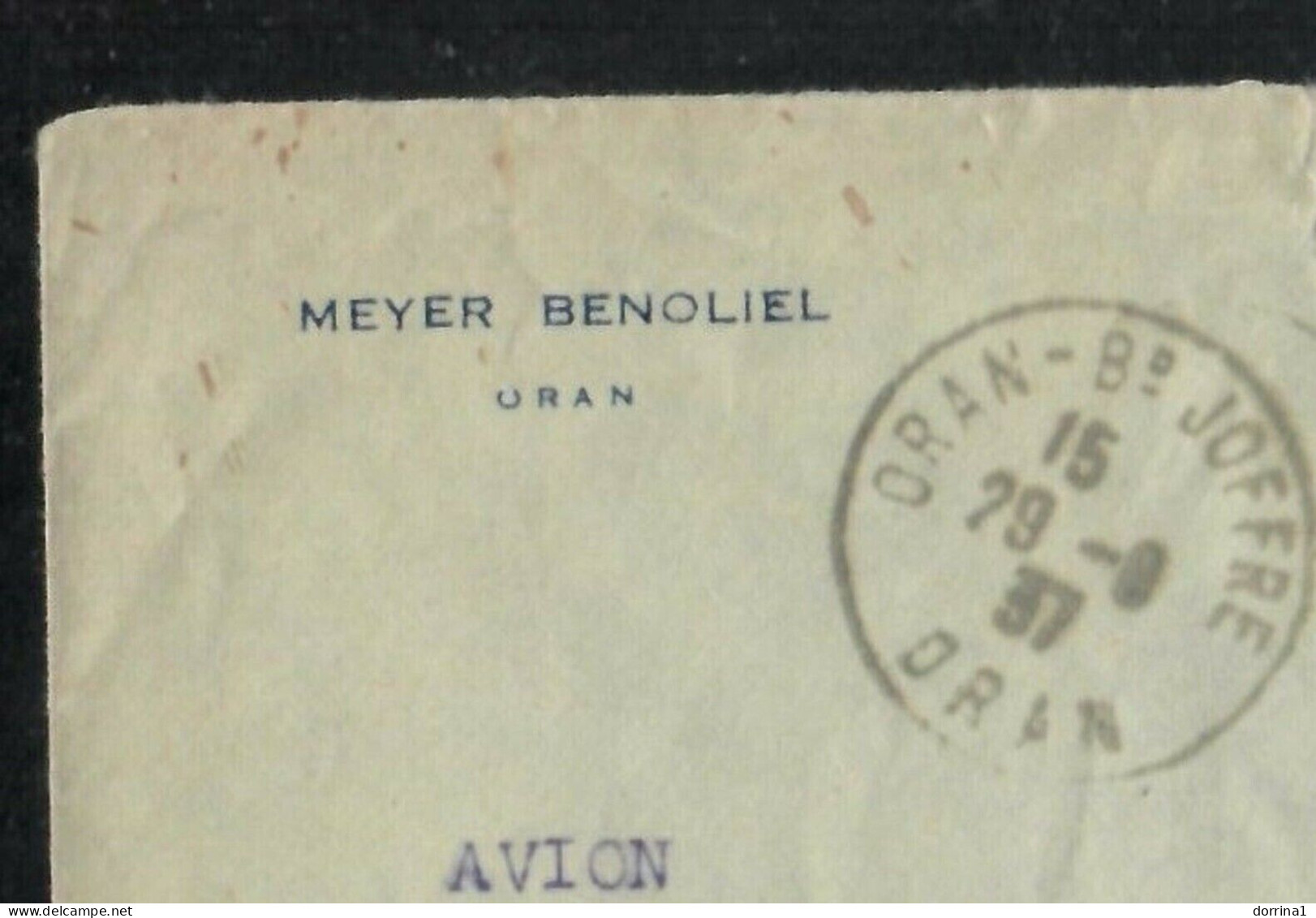 Jewish Judaica Cover Oran Algeria 1937 To Paris - MEYER BENOLIEL - Juif - מאיר בן אוליאל - Judaisme