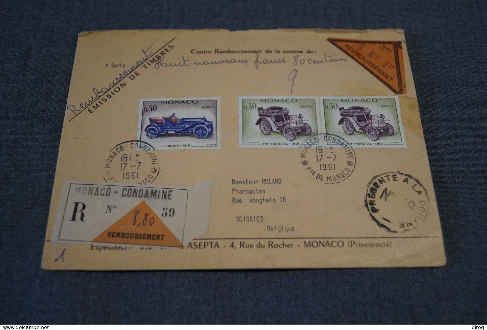 Remboursement,ancien Envoi De Monaco Condamine,recommandé N° 39 Avec 3 Timbres,1961, Pour Collection - Covers & Documents