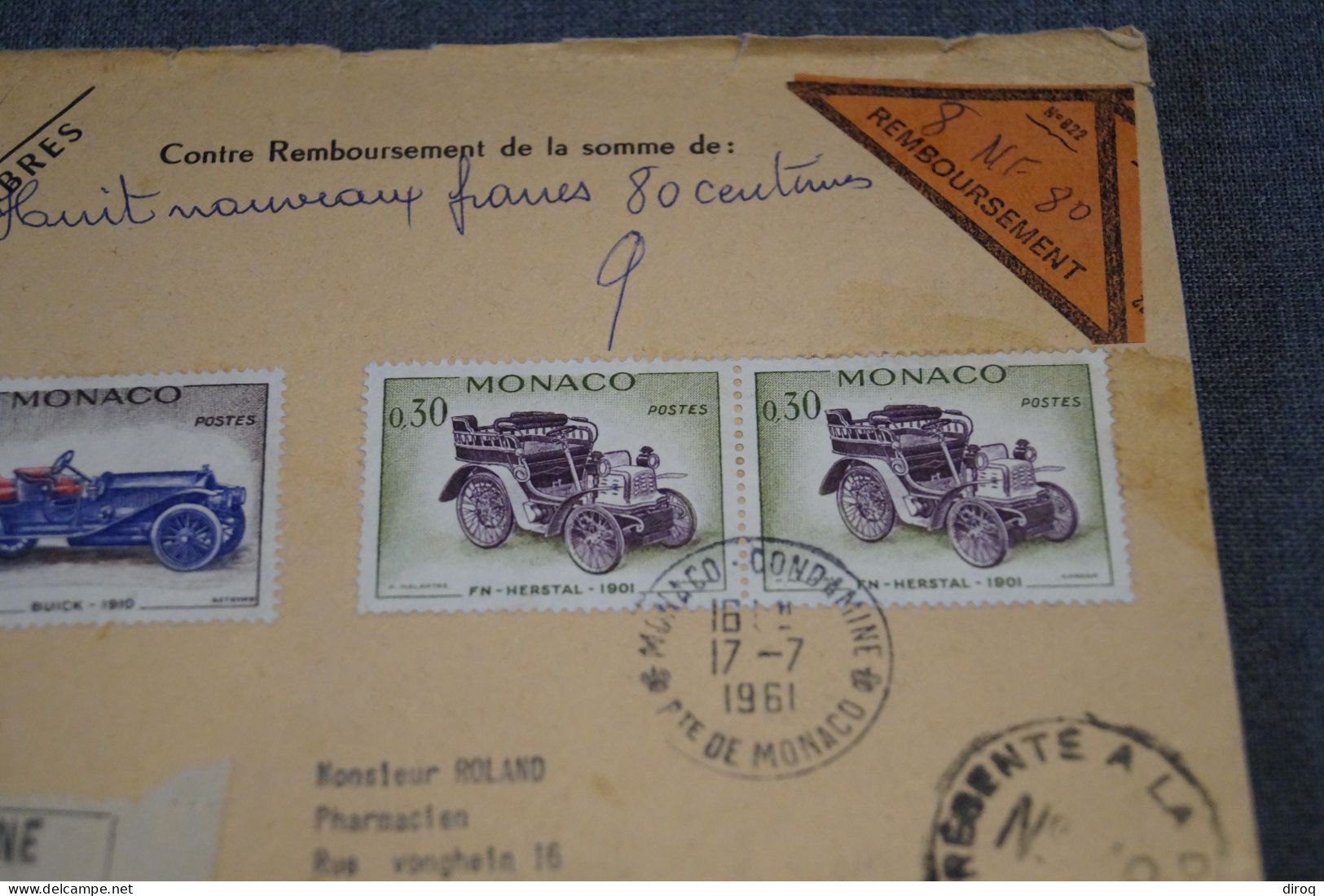 Remboursement,ancien Envoi De Monaco Condamine,recommandé N° 39 Avec 3 Timbres,1961, Pour Collection - Briefe U. Dokumente