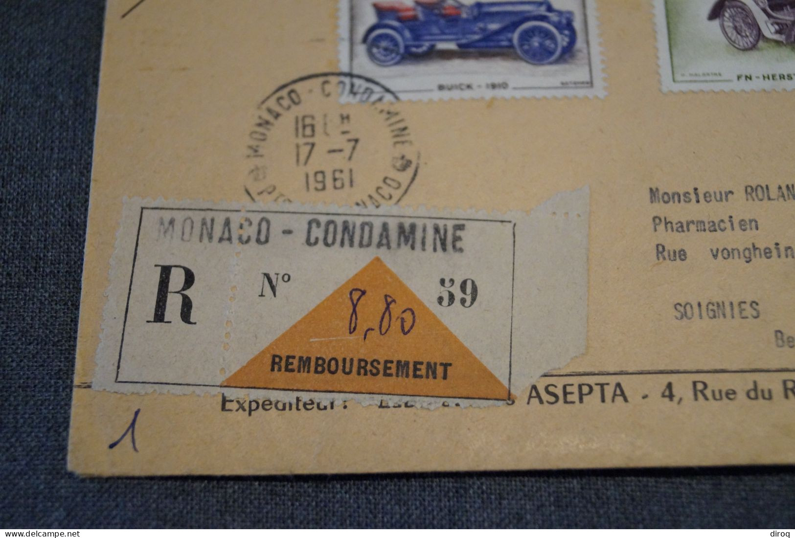 Remboursement,ancien Envoi De Monaco Condamine,recommandé N° 39 Avec 3 Timbres,1961, Pour Collection - Brieven En Documenten