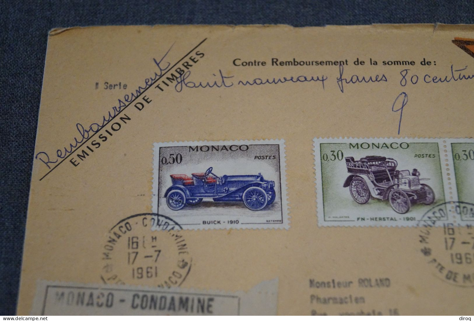 Remboursement,ancien Envoi De Monaco Condamine,recommandé N° 39 Avec 3 Timbres,1961, Pour Collection - Briefe U. Dokumente