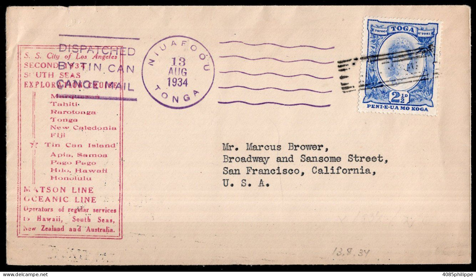 TONGA - TIN CAN MAIL 13-AUG-1934 TB - Tonga (...-1970)