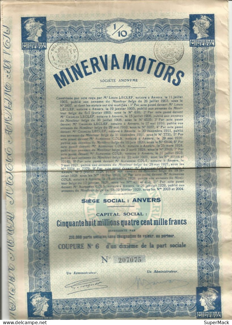 Minerva Motors Berchem (Anvers) - 1/10 De Part Sociale N°207075 De 1929 - Cars